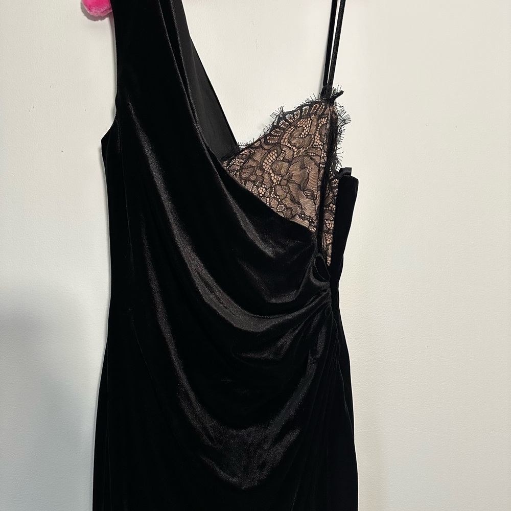 BCBG Maxazria Black Velvet Slit Dress with Lace